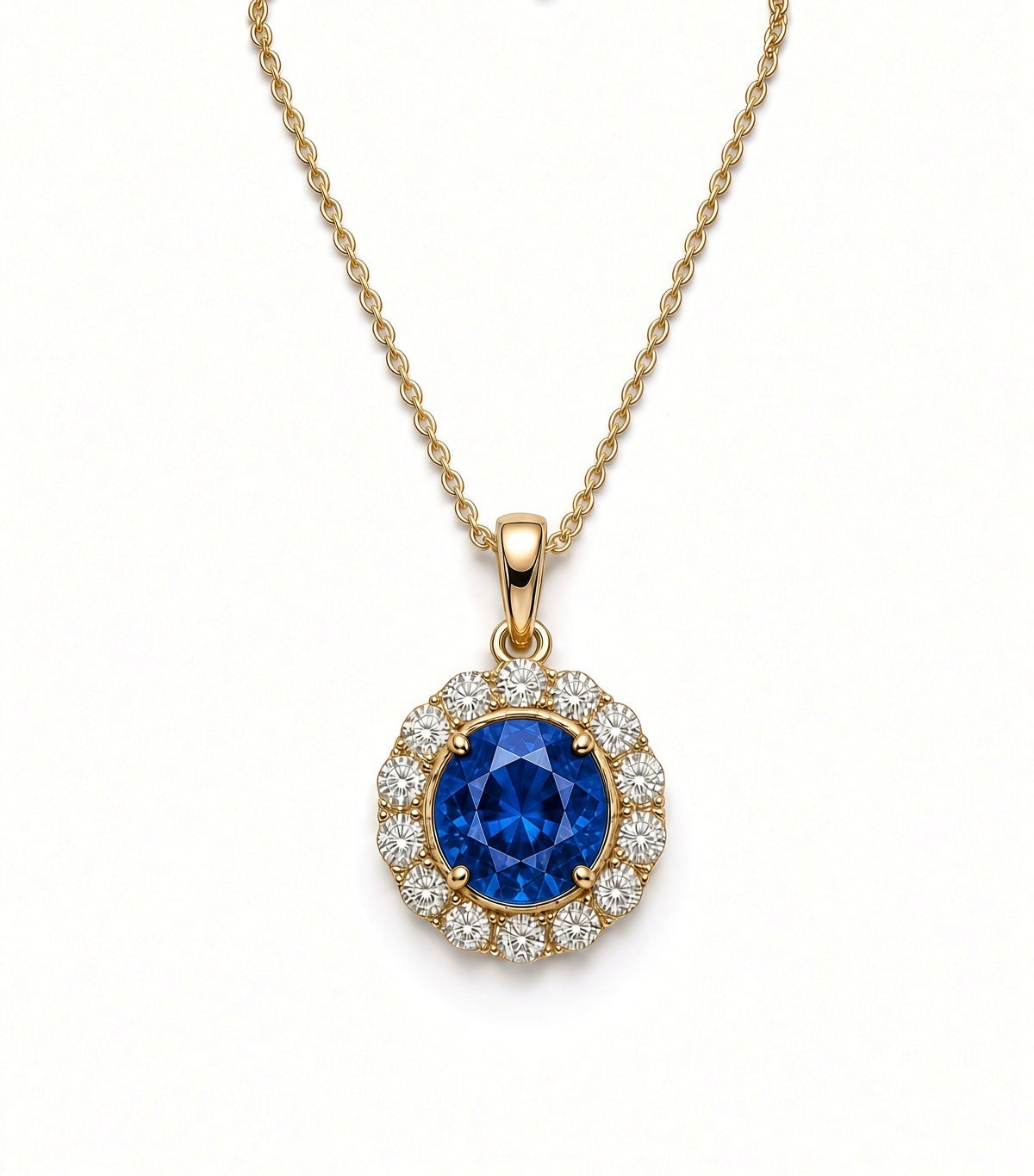 9ct Yellow Gold Round Created Sapphire And Cubic Zirconia Cluster Pendant 17-18"