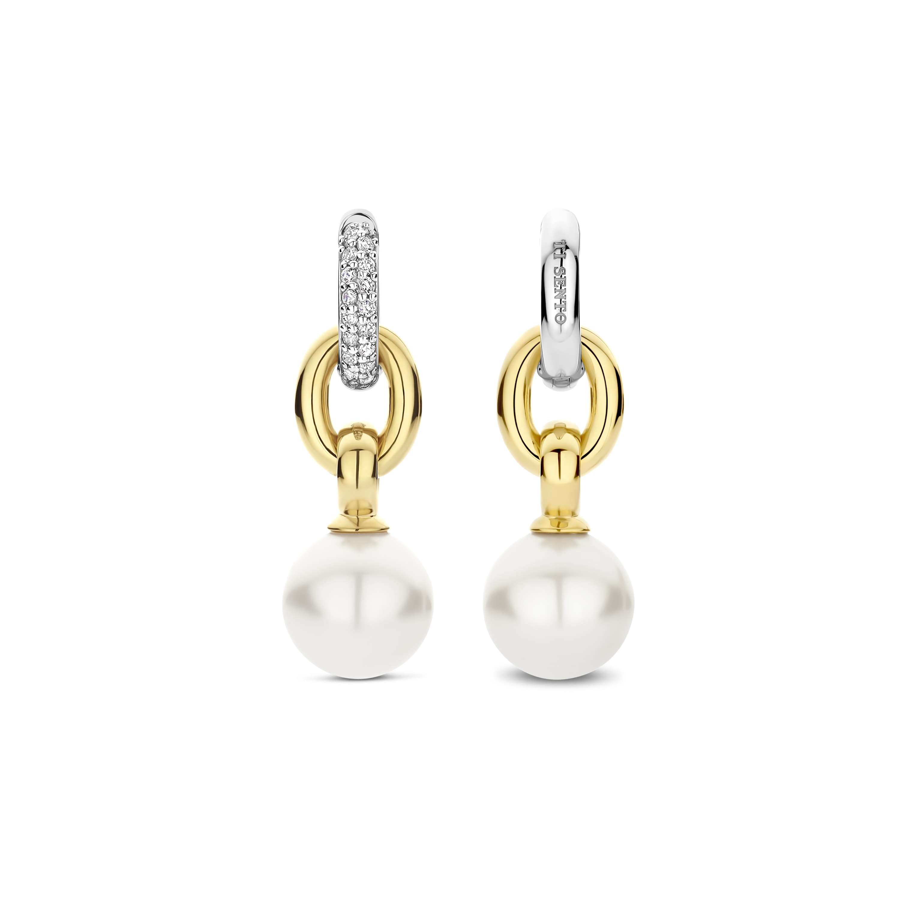 Ti Sento Sterling Silver & Gold Plated Cubic Zirconia Interlocking Link Drop Shell Pearl Earrings