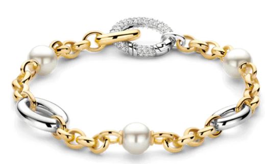 Ti Sento Pearl Oval Link Bracelet - Cubic Zirconia, Silver & Gold, 8"