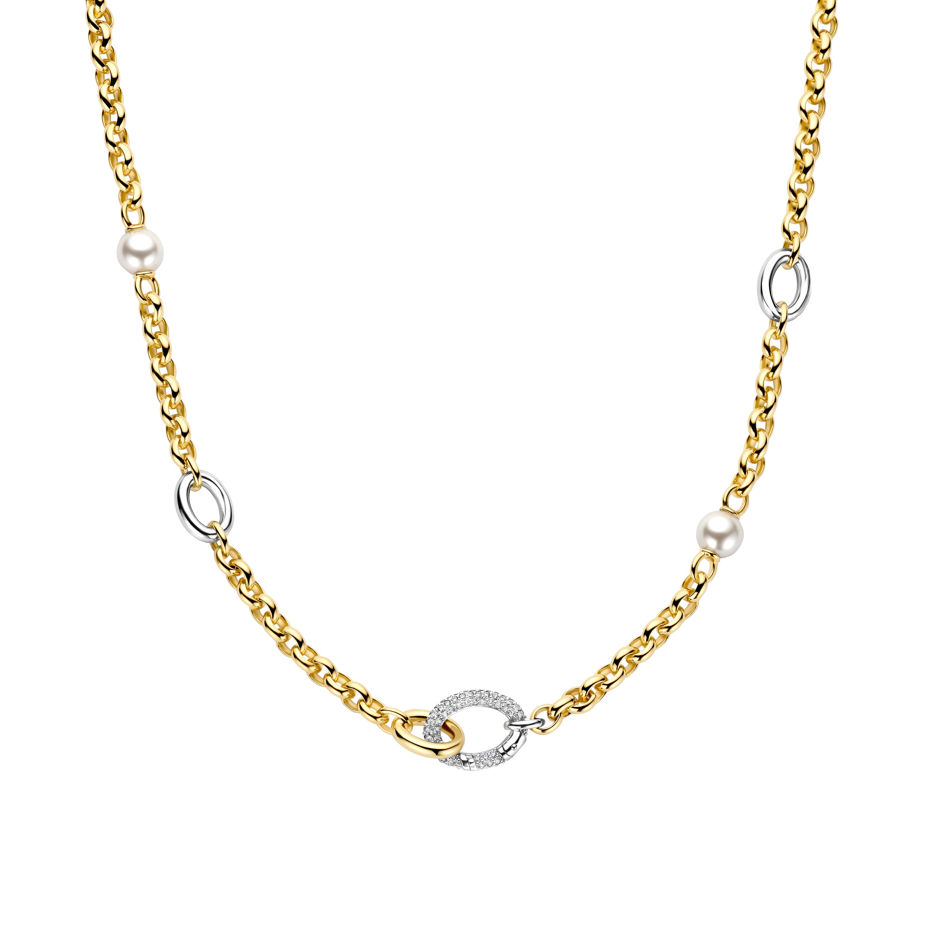 Ti Sento Sterling Silver & Gold Plated Oval Links & Simulated Pearls Necklace With Pavé Cubic Zirconia