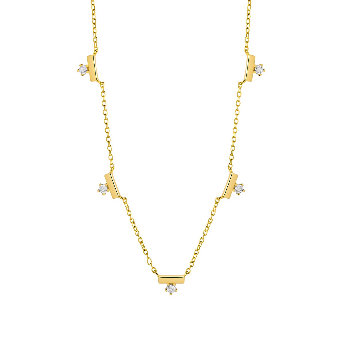 Sterling Silver Yellow Gold Plated 5 Cubic Zirconia Bar Necklace 15-17'