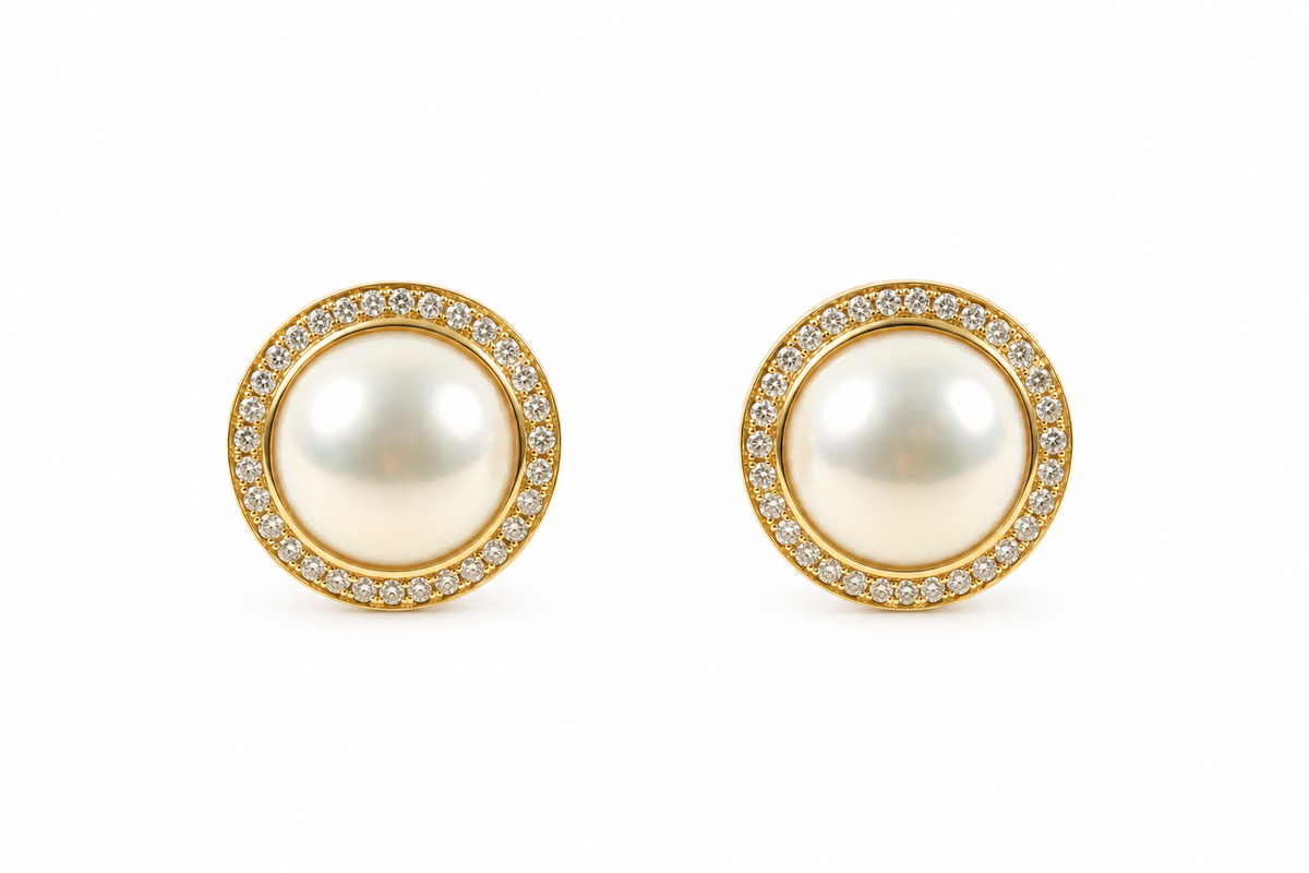 9ct Yellow Gold Diamond and South Sea Mabe Pearl Stud Earrings
