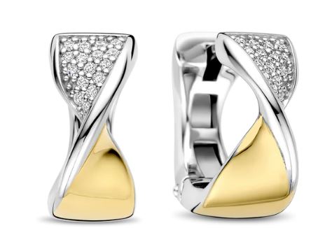 Ti Sento Twist Hoop Earrings - Cubic Zirconia, Silver & Gold, 15mm