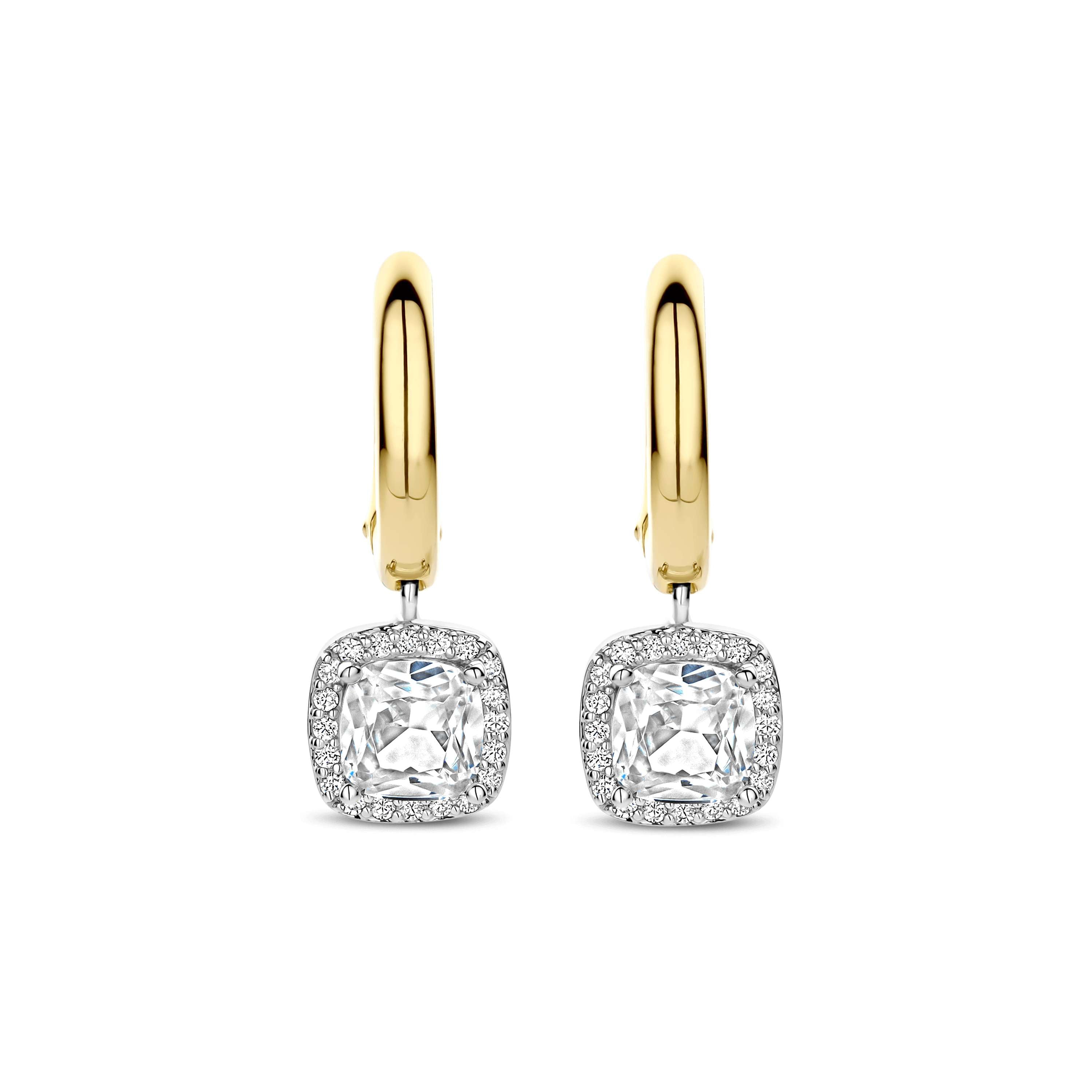 Ti Sento Sterling Silver & Gold Plated Cushion Shape Cubic Zirconia Halo Drop Hoop Earrings