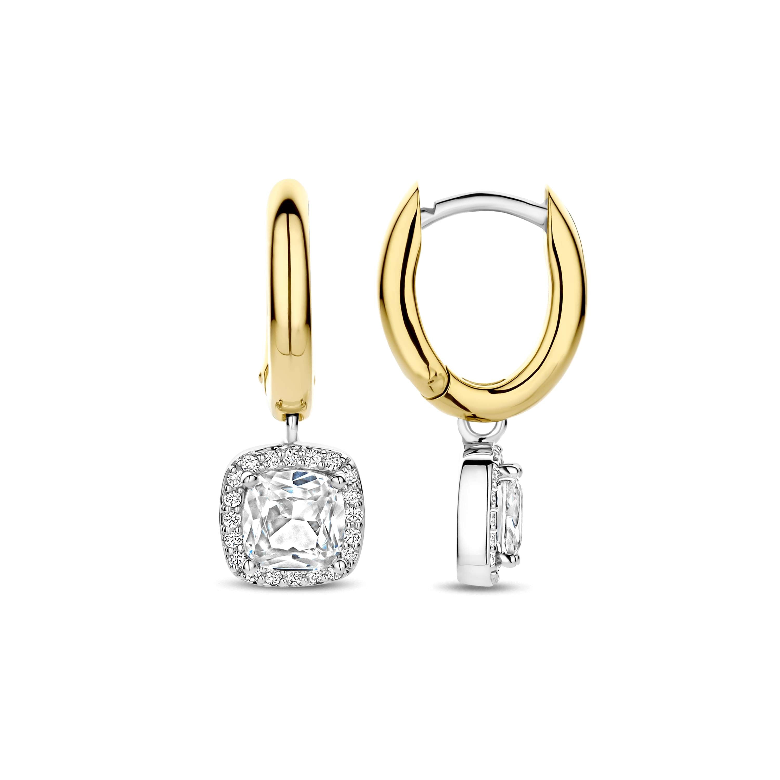 Ti Sento Sterling Silver & Gold Plated Cushion Shape Cubic Zirconia Halo Drop Hoop Earrings