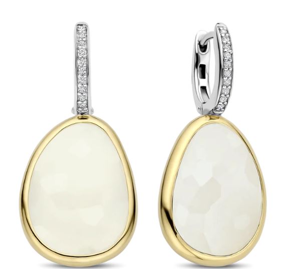 Ti Sento Milky Stone Drop Hoops - Cubic Zirconia, Silver & Gold Earrings