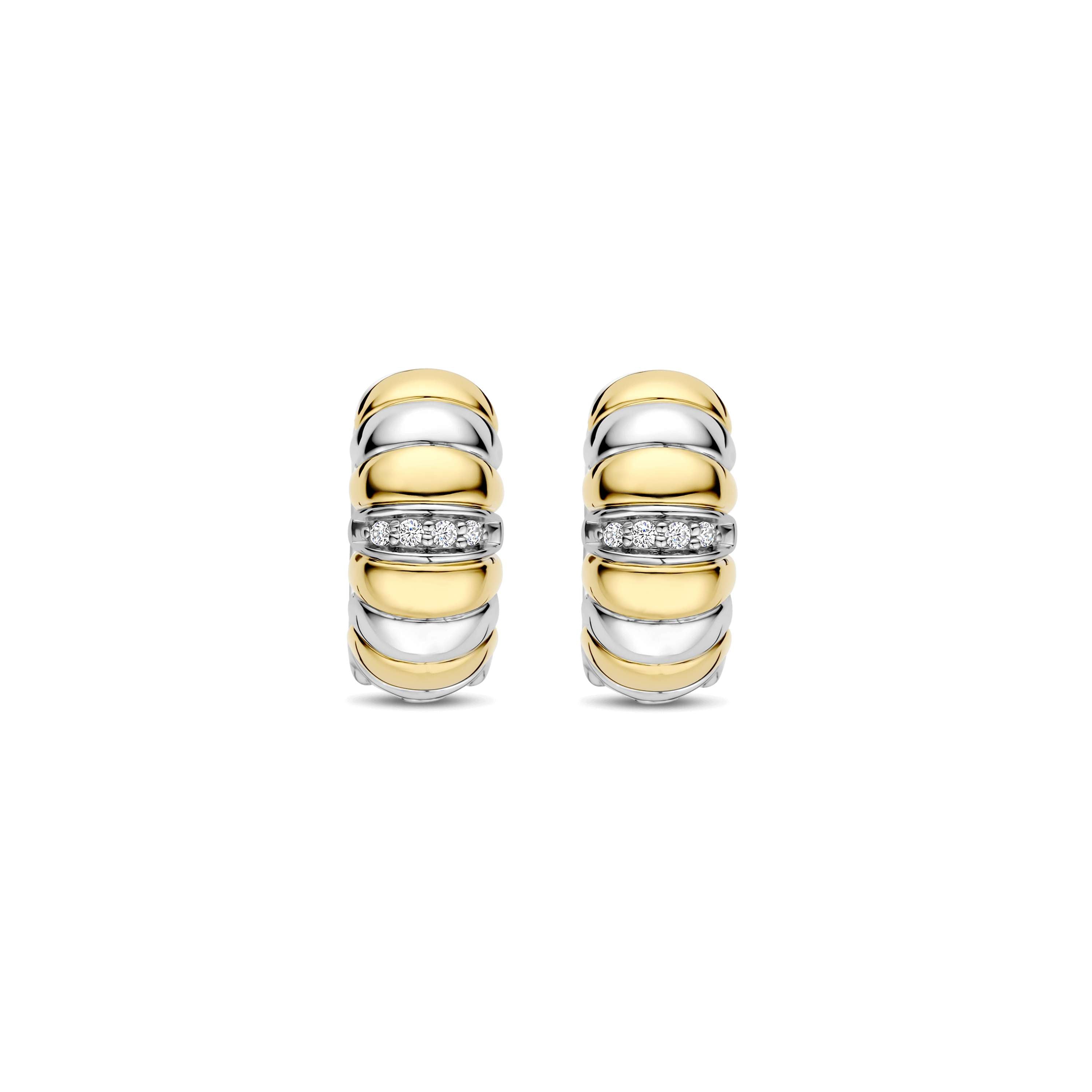 Ti Sento Sterling Silver & Yellow Gold Plated Ribbed Hoop Earrings with Cubic Zirconia 14mm