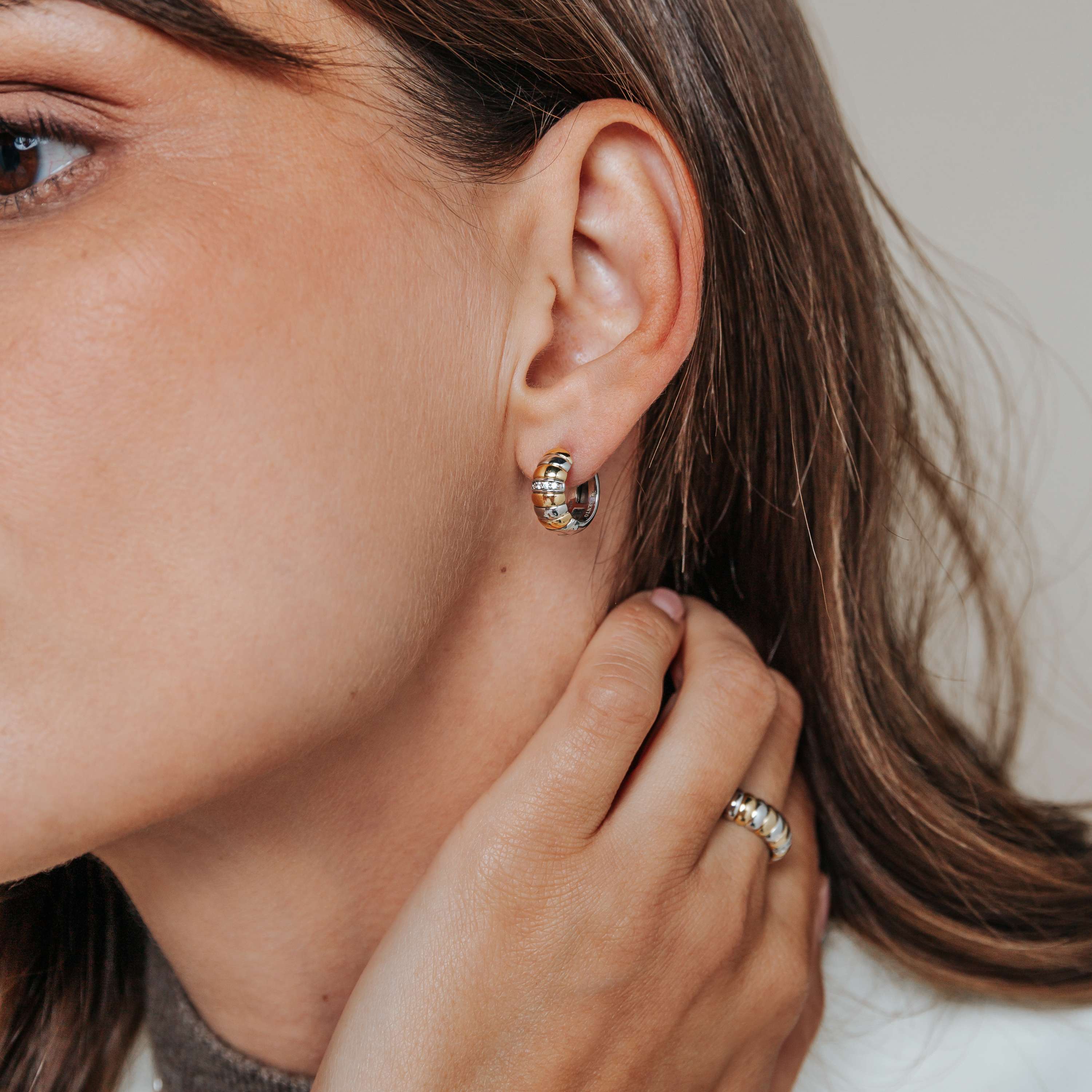 Ti Sento Sterling Silver & Yellow Gold Plated Ribbed Hoop Earrings with Cubic Zirconia 14mm