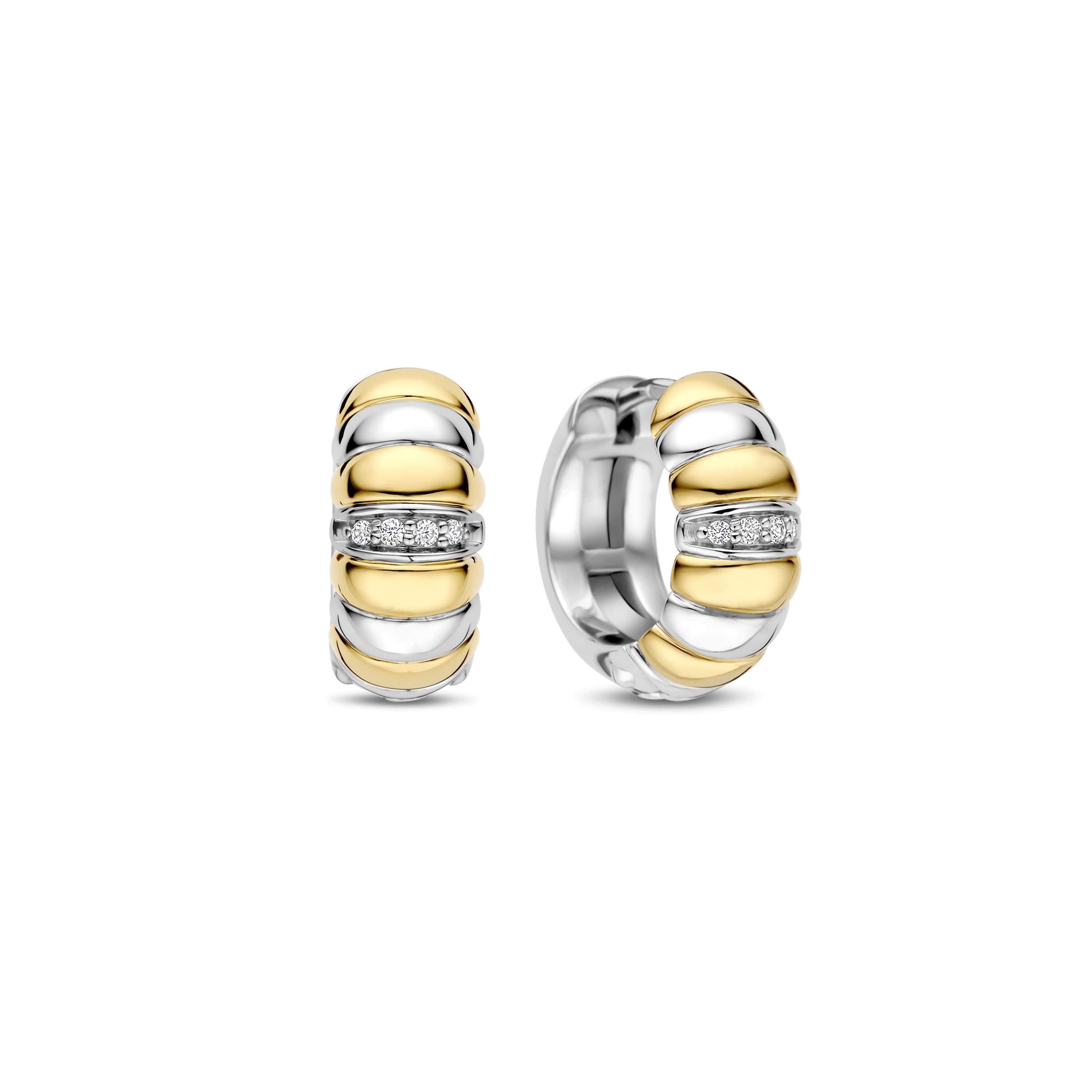 Ti Sento Sterling Silver & Yellow Gold Plated Ribbed Hoop Earrings with Cubic Zirconia 14mm