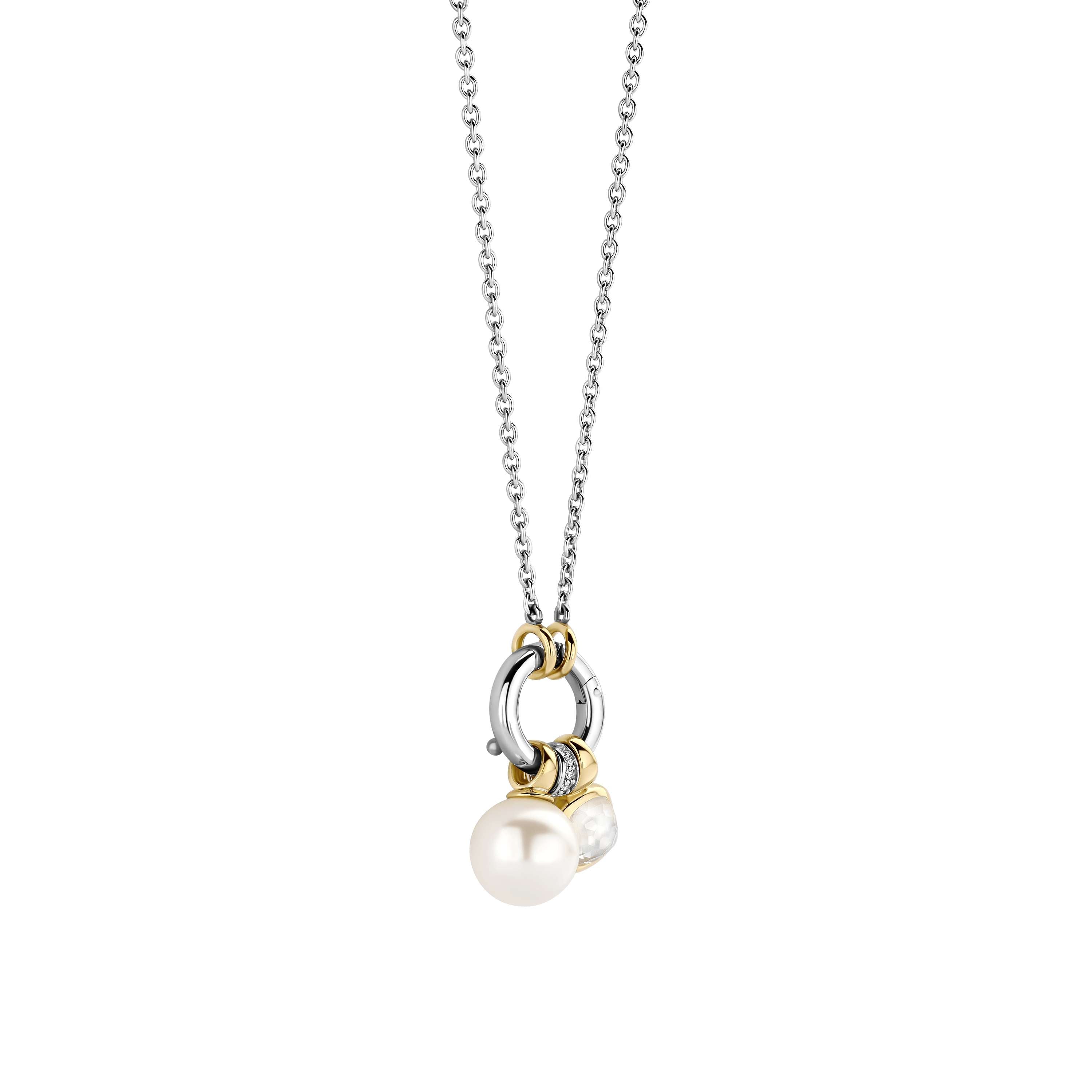 Ti Sento Sterling Silver & Gold Plated Charm Necklace & Cushion Shape Mother Of Pearl Stone