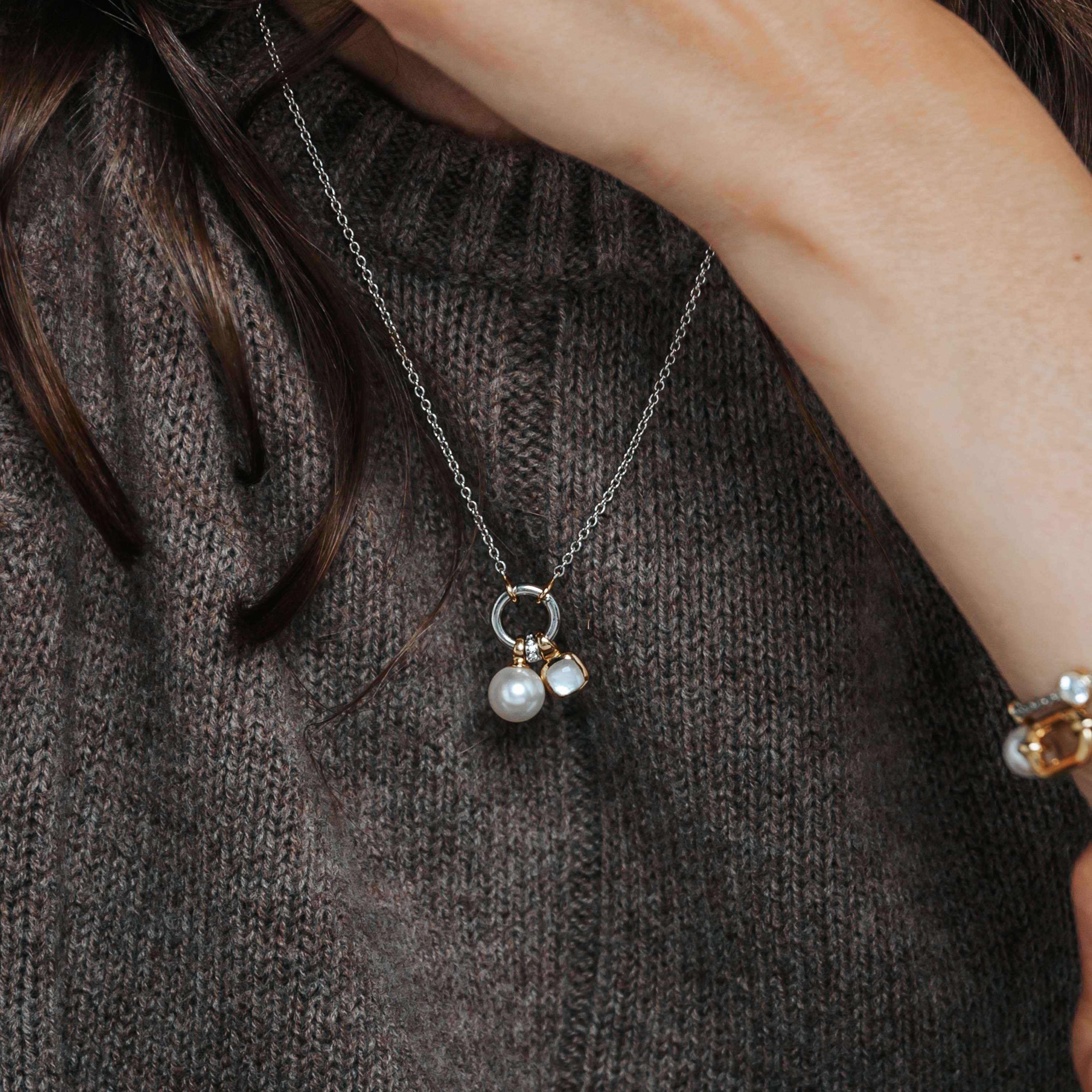 Ti Sento Sterling Silver & Gold Plated Charm Necklace & Cushion Shape Mother Of Pearl Stone