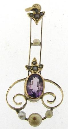 Vintage 9ct Yellow Gold Amethyst And Seed Pearl Pendant
