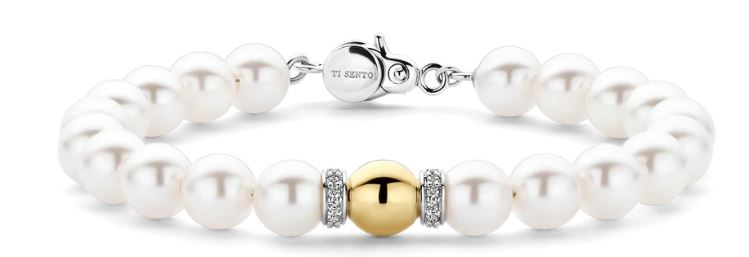 Ti Sento Shell Pearl Bracelet With Sterling Silver Clasp And Yellow Gold Plated Cubic Zirconia Bead - Medium