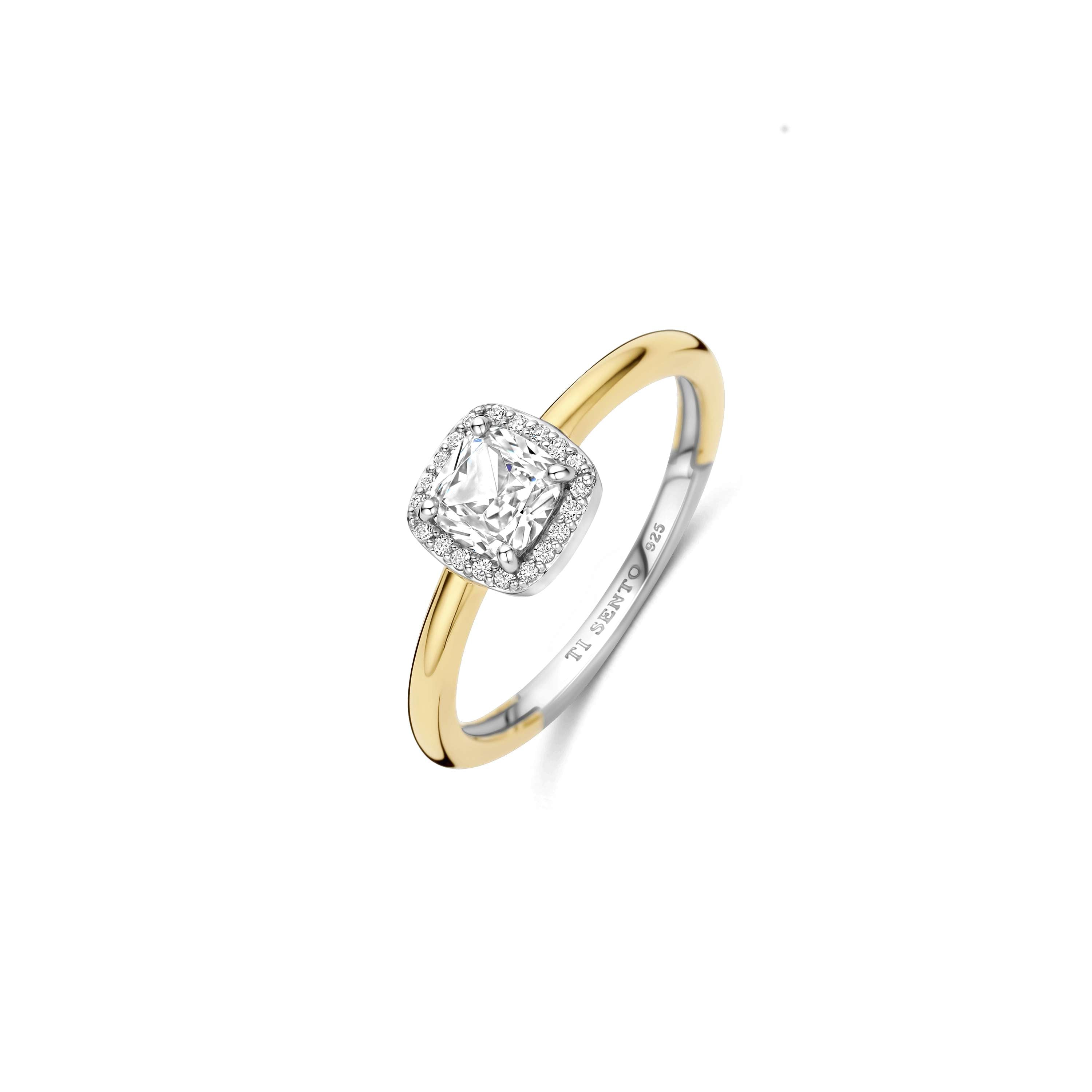 Ti Sento Sterling Silver & Gold Plated CZ Cushion Shape Halo Ring - 52