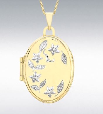 9ct Yellow and White Gold Floral-Detail Oval Locket Pendant