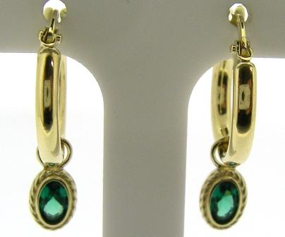 9ct Yellow Gold Created Emerald Drop Hoop Earrings