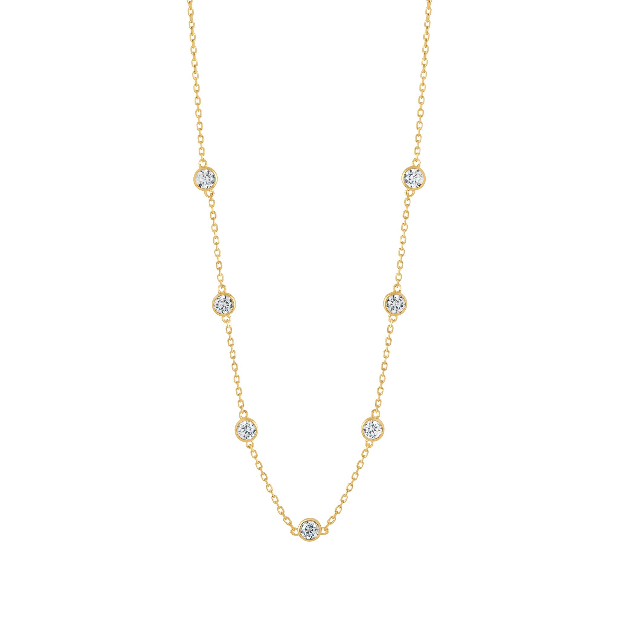 Sterling Silver Yellow Gold Plated Cubic Zirconia Rubover Station Necklace 16-18'