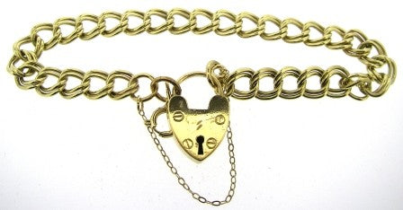 Vintage 9ct Yellow Gold Double Curb Link Bracelet With Padlock And Safety Chain