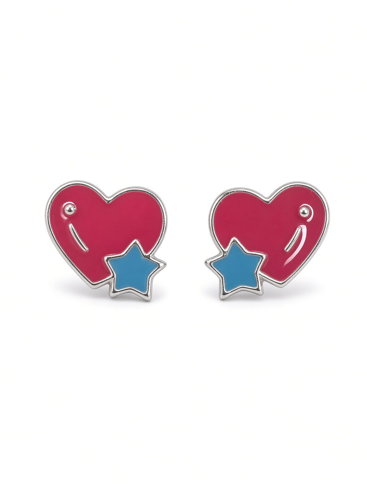 Sterling Silver Pink Heart With Blue Star Stud Earrings
