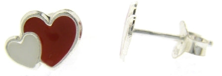 Sterling Silver Red/White Heart Stud Earrings