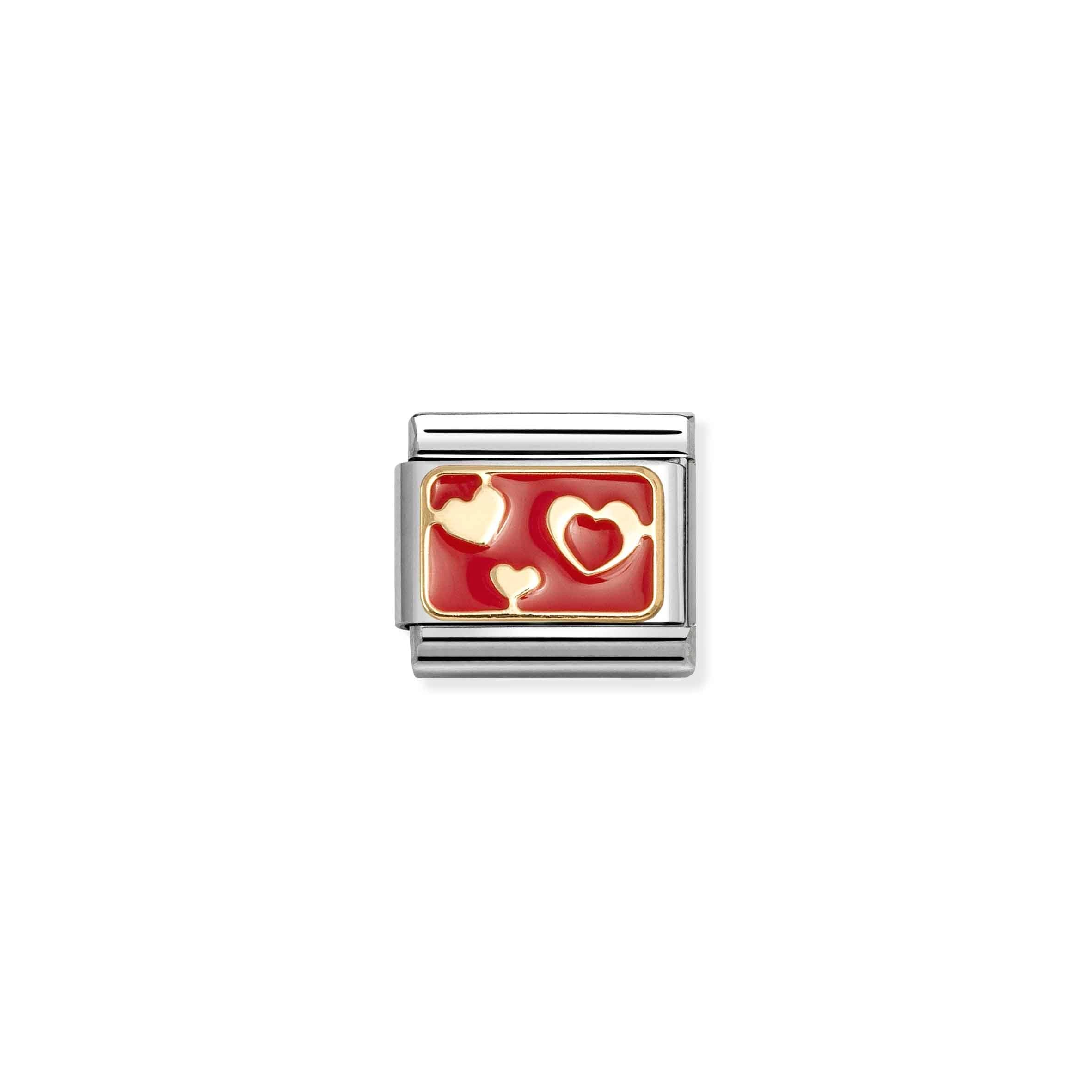 Nomination Composable Classic Various Red Hearts Plate Charm - Stainless Steel & Yellow Gold with Enamel