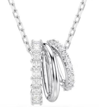 Swarovski Hyperbola Pendant, Three Mini Hoops, Round And Square Cut White Crystals, Rhodium Plated