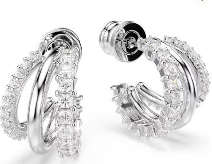 Swarovski Hyperbola Earrings, Three Mini Hoops, Round And Square Cut White Crystals, Rhodium Plated