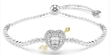 Swarovski Idyllia Bracelet, Heart Shape With Gold Tone Arrow, Mixed Cut White Crystals, Mixed Metal Finish, Sliding Ball Clasp