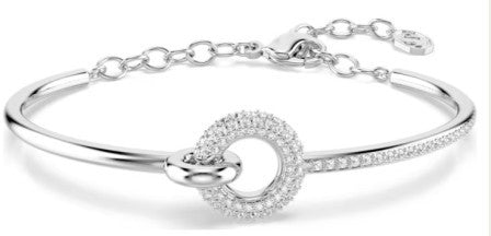 Swarovski Dextera Bangle, Half-Metal and Half-Pave Design White Crystals, Rhodium Platedl - 17-18cm