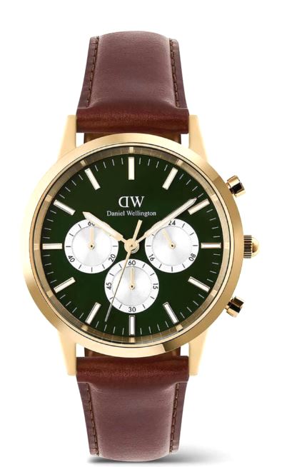 Daniel Wellington Gents Iconic Chronograph St Mawes Quartz Watch 42mm Emerald Panda Dial with Brown Leather Strap