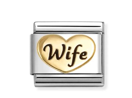 Nomination Composable Classic Engraved Wife Heart Charm - Stainless Steel & Yellow Gold with Black Enamel