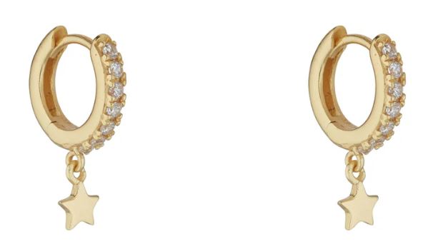 Sterling Silver Yellow Gold Plated Star Drop Cubic Zirconia Huggie Earrings 8mm