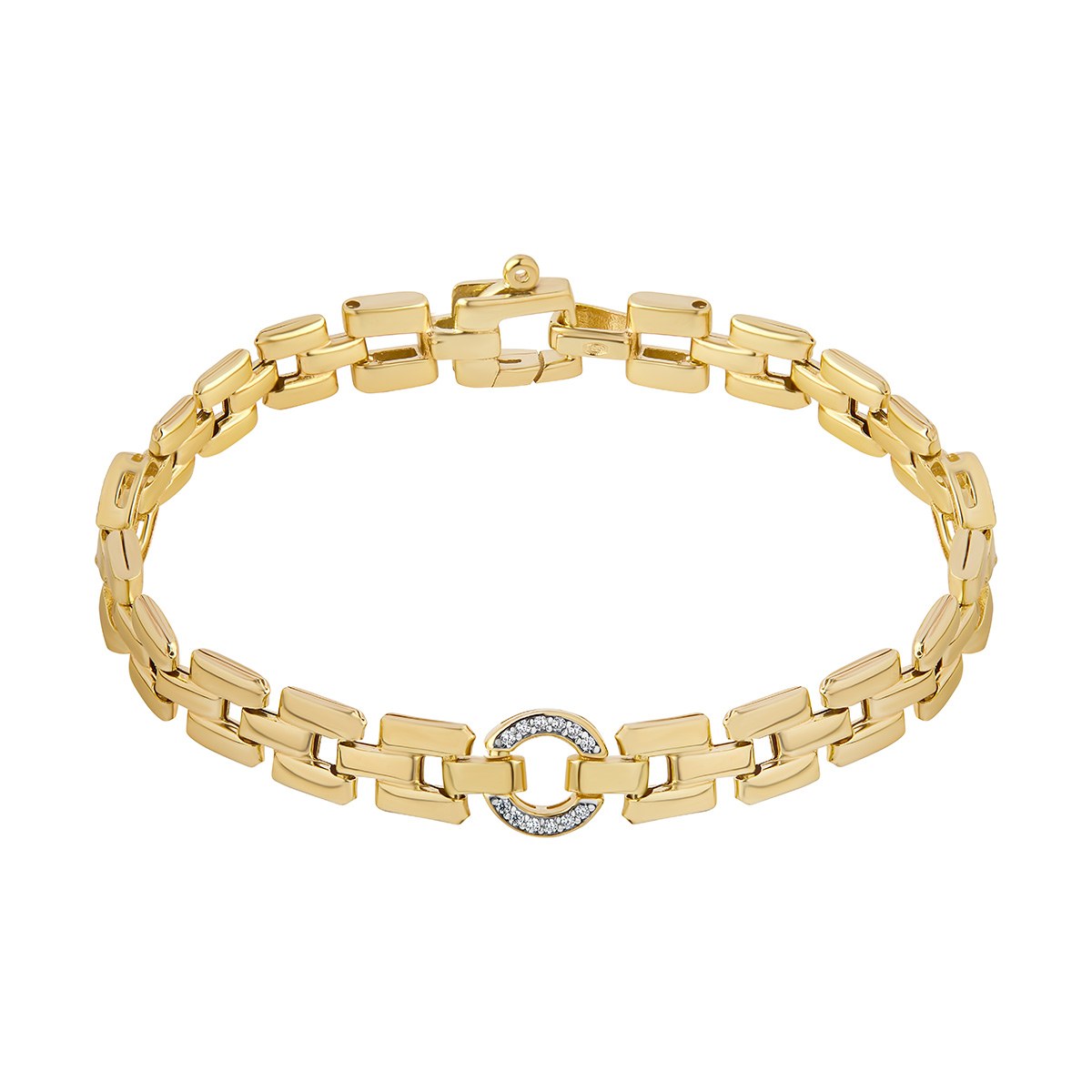 Sterling Silver Yellow Gold Plated 2 Row Brick Link Bracelet with 3 Cubic Zirconia Circles 7'