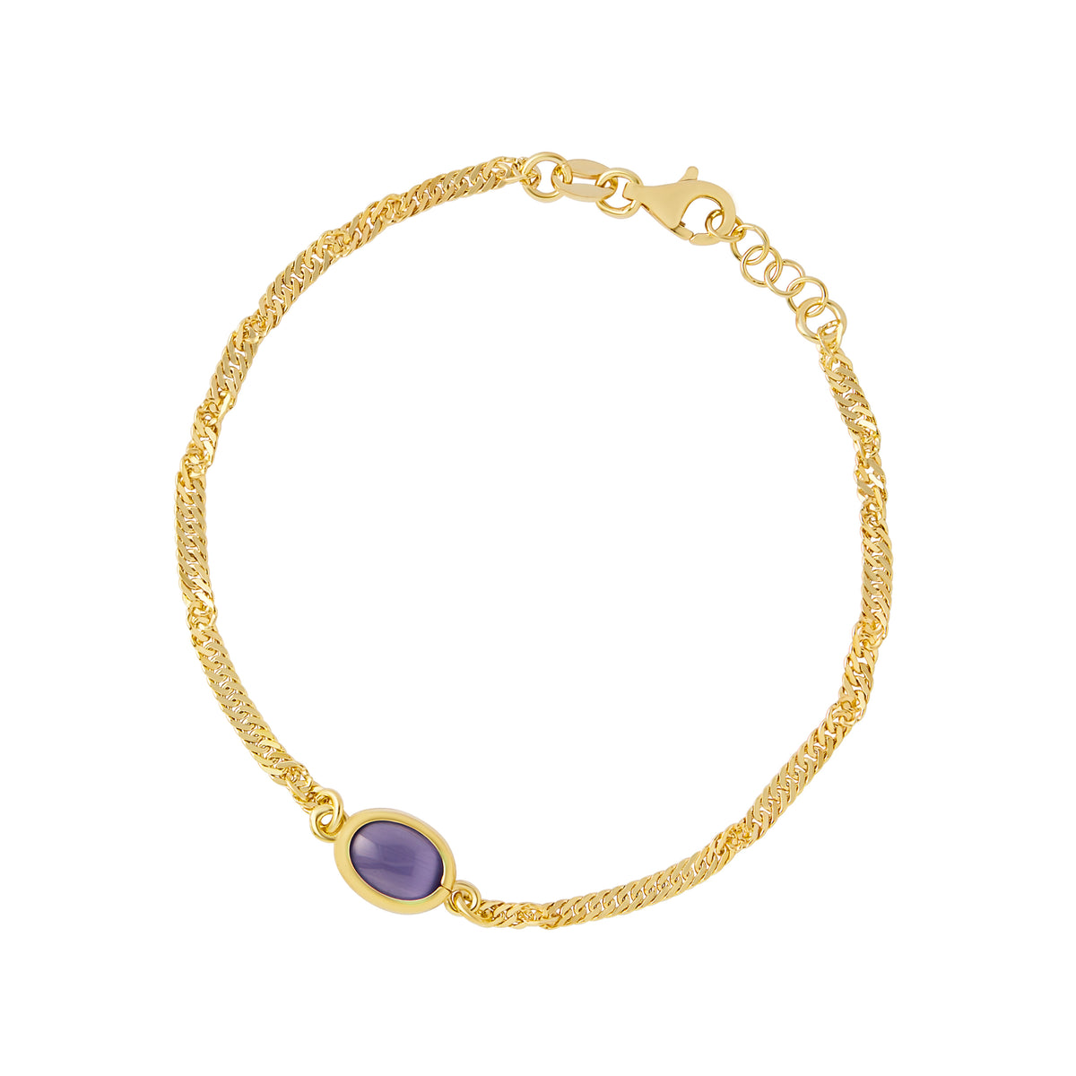 Sterling Silver Yellow Gold Plated Twisted Chain Bracelet With Purple Stone 7.5"