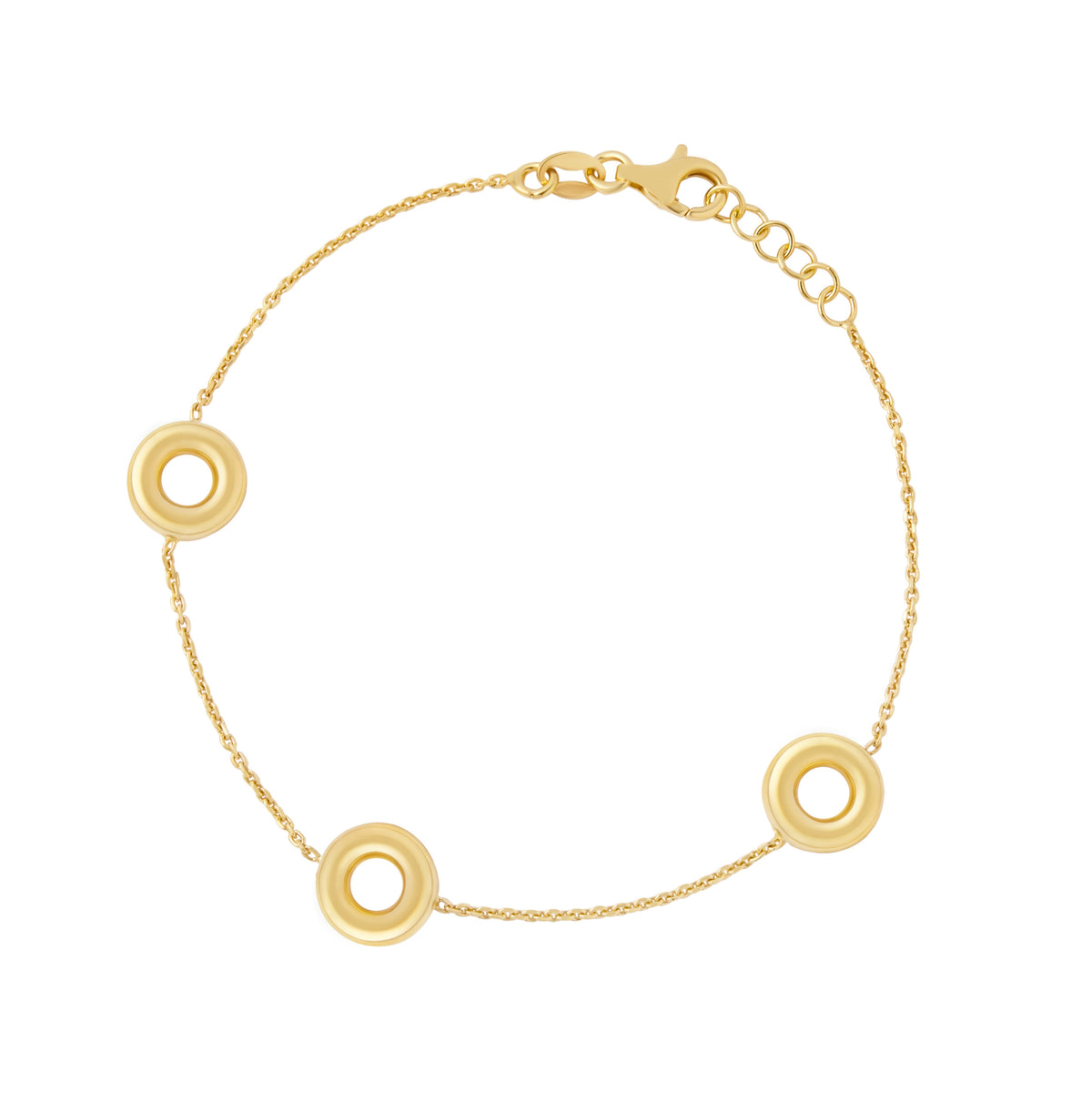 Sterling Silver Yellow Gold Plated 3 Circle Chain Bracelet 7.5'