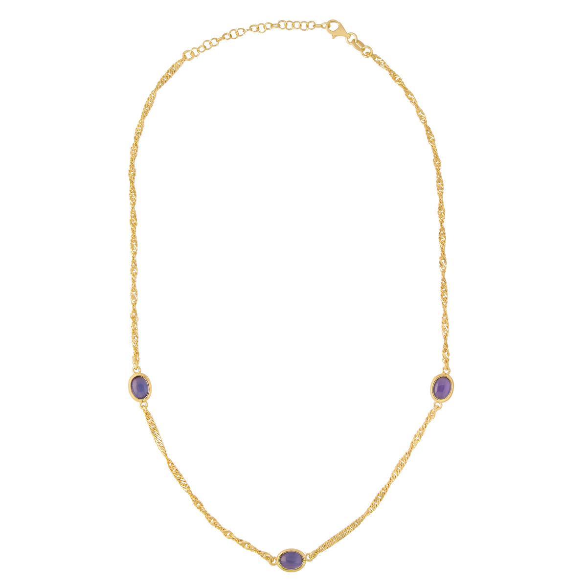Sterling Silver Yellow Gold Plated Twisted Chain Necklace with 3 Purple Stones 15.5-17.5'