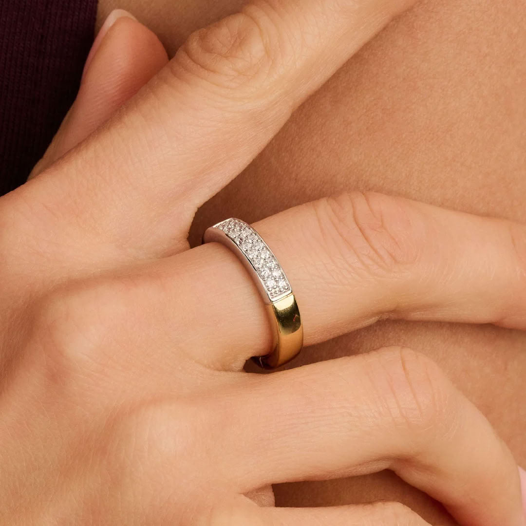 Ti Sento Sterling Silver & Yellow Gold Plated Half Plain & Half Cubic Zirconia Ring (Size 54)