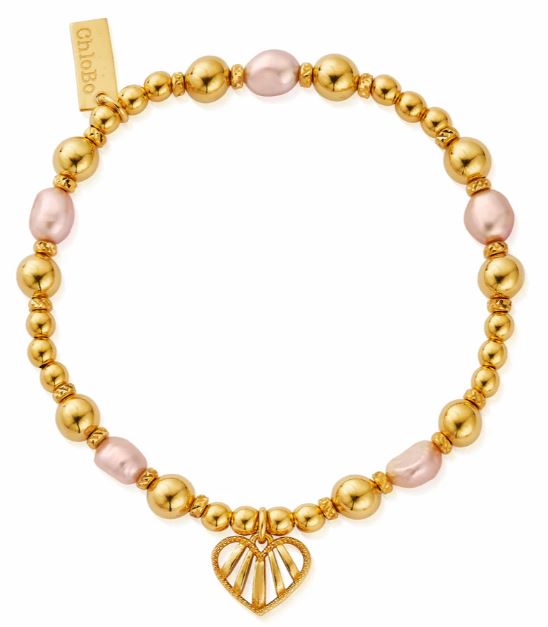 ChloBo Sterling Silver Yellow Gold Plated Loving Heart Pink Pearl Bracelet