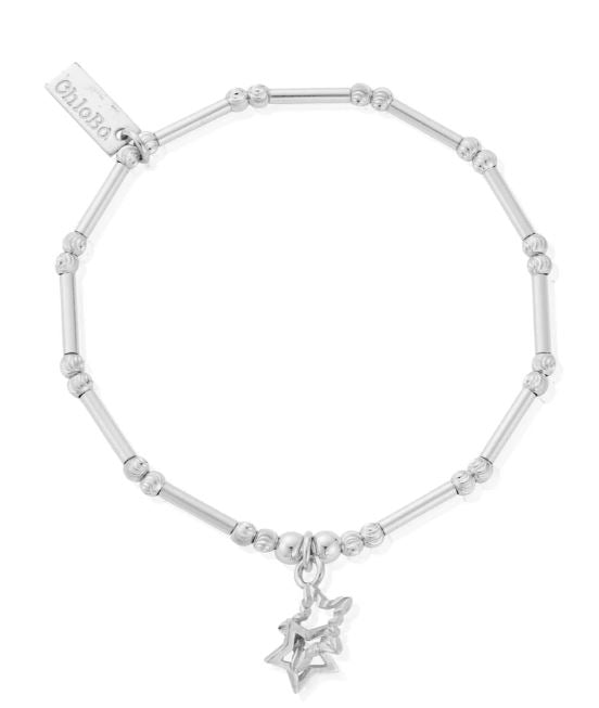 ChloBo Sterling Silver Dainty Moon Cut Sparkle Interlocking Star Bracelet