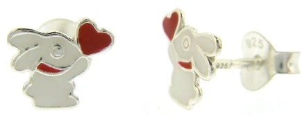 Sterling Silver White Bunny With Red Heart Stud Earrings