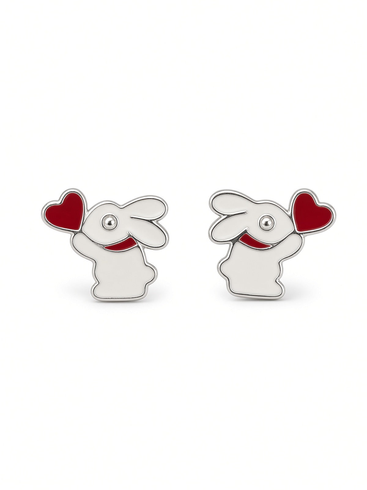 Sterling Silver White Bunny With Red Heart Stud Earrings
