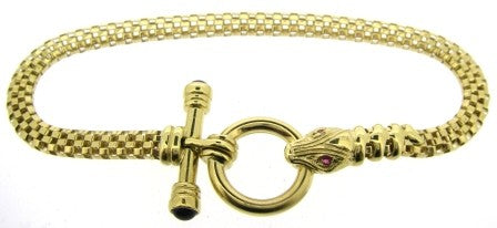 Vintage 9ct Yellow Gold Snake Head With Ruby Eyes Bracelet, T/Bar With Amethyst Clasp 7.5'