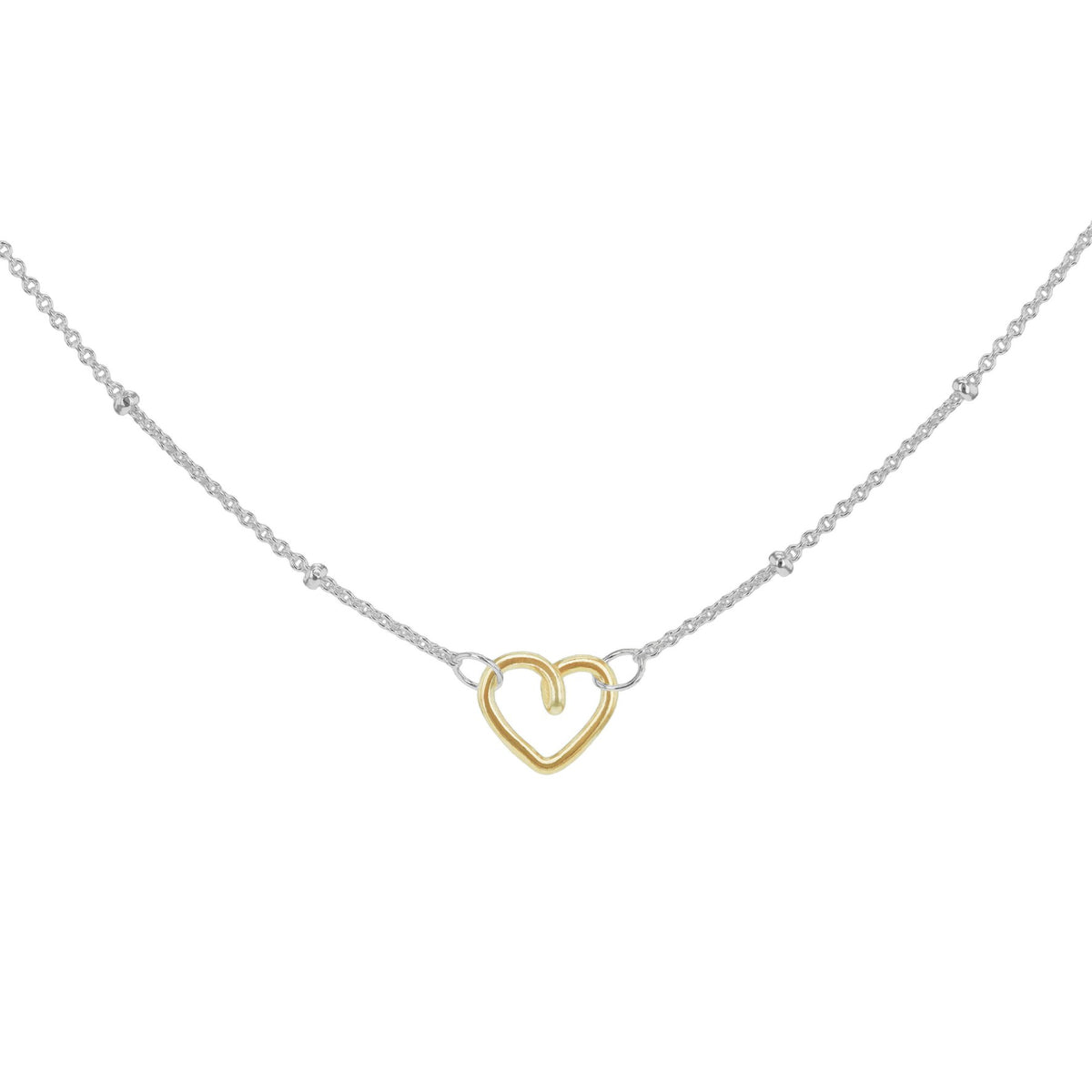Sterling Silver Trace & Ball Chain Necklace with Yellow Gold Plated Heart 17-18'