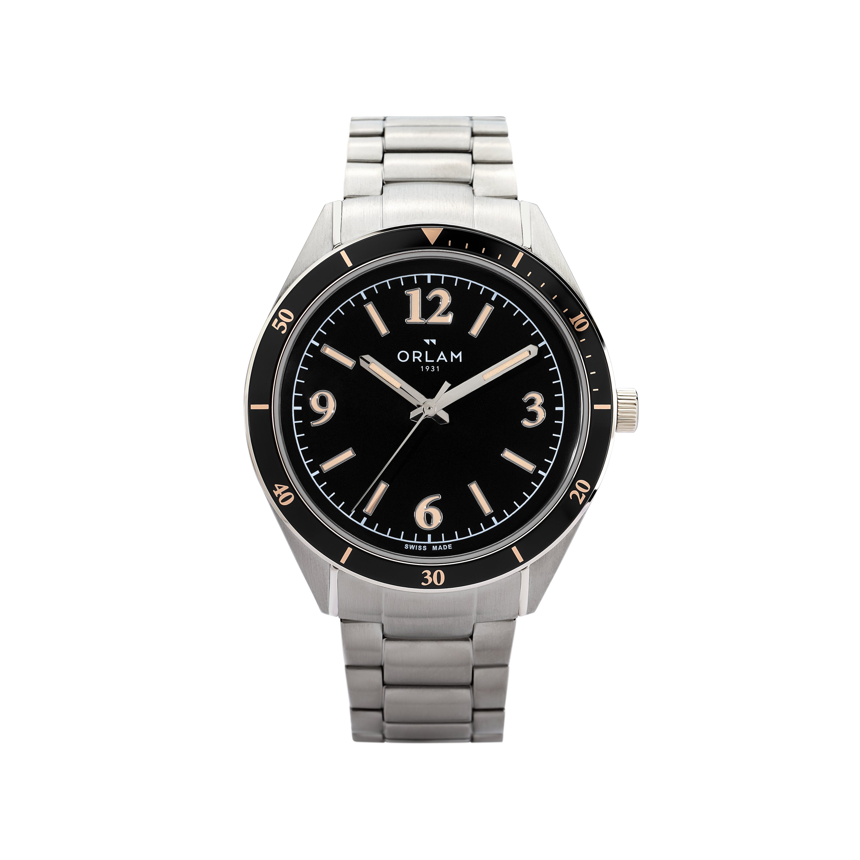 Orlam Crepuscule 41mm Black Dial Stainless Steel Bracelet Quartz Mens Watch