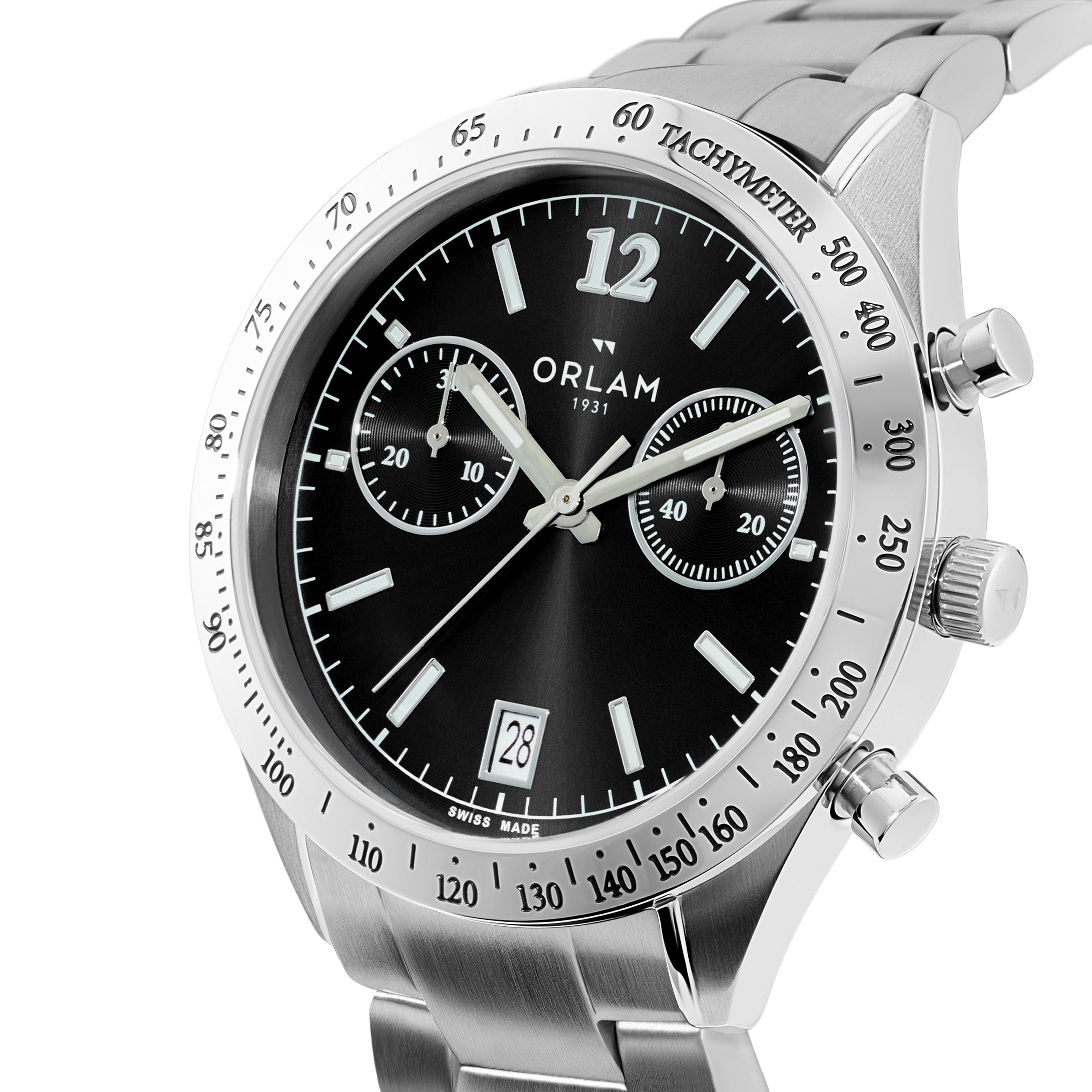 Orlam Legende 41mm Black Dial Stainless Steel Bracelet Quartz Chronograph Mens Watch