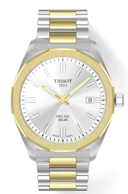 Tissot Gents PRC 100 Solar Quartz Watch 39mm Two-Tone Yellow Gold PVD Silver Dial