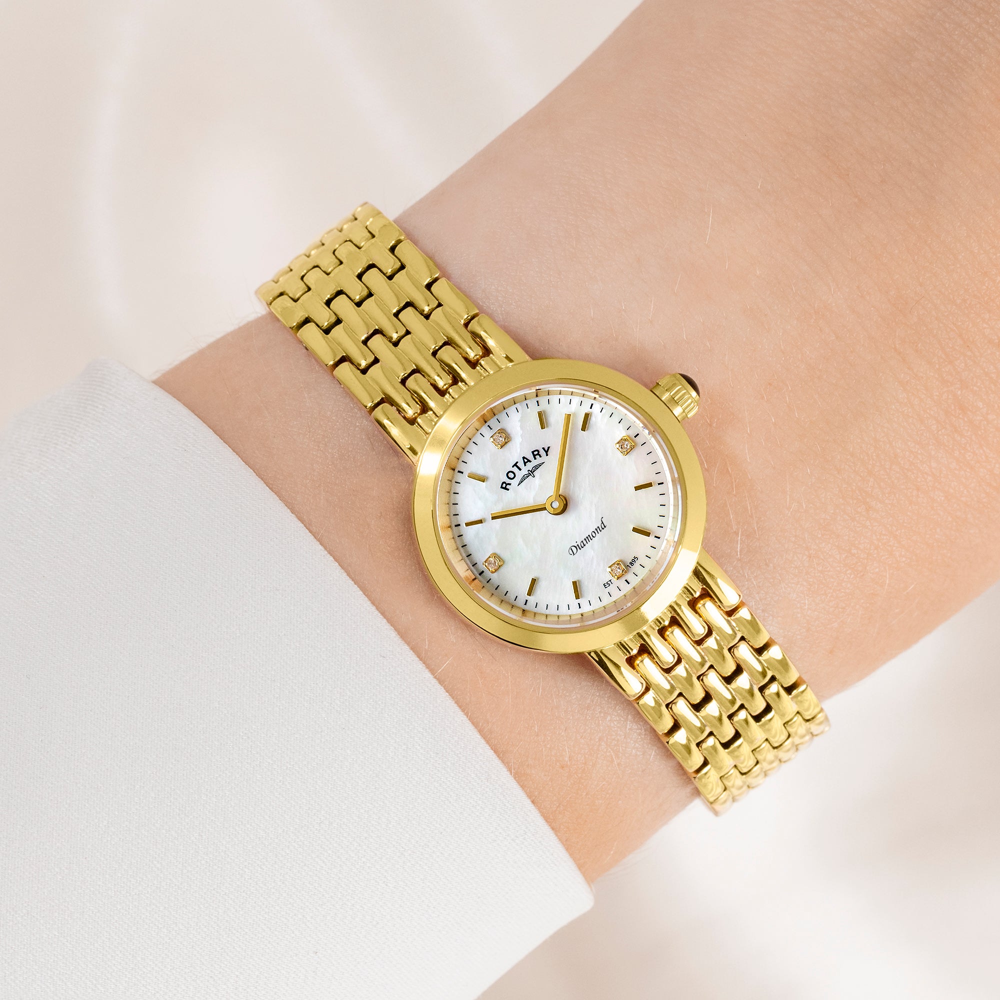 Rotary Heritage Diamond 22.7mm Mother of Pearl Yellow Gold PVD Bracelet Quartz Ladies Watch