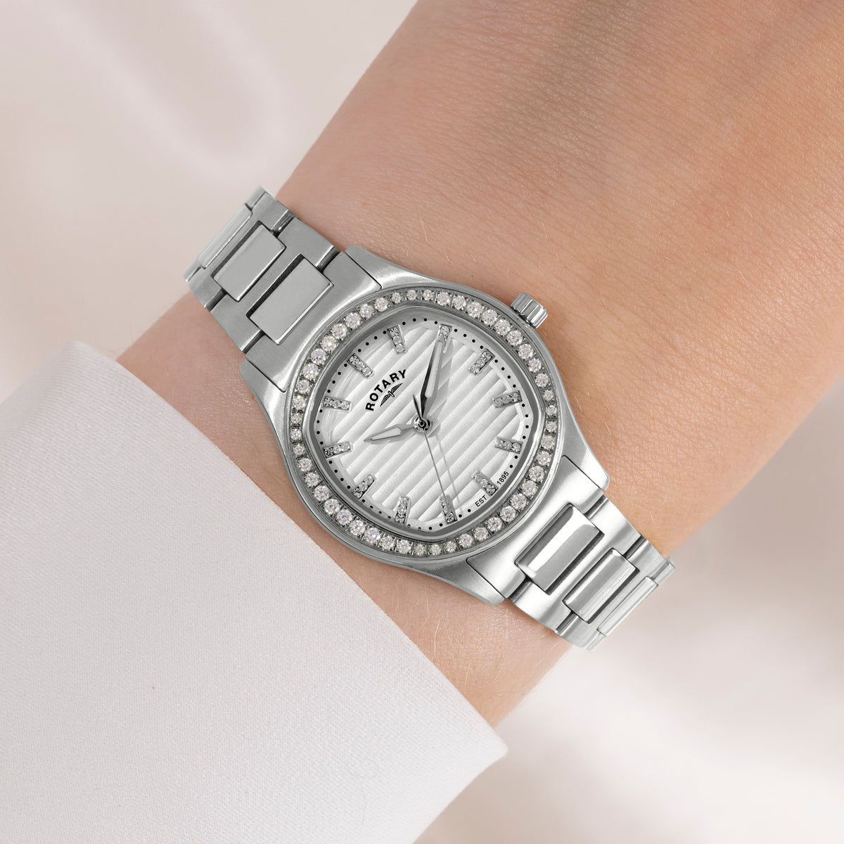 Rotary - Ladies Brilliance Quartz Watch, Stainless Steel Bracelet And 34mm Case, Crystal-Set Bezel, White Slatted Dial With Cubic Zirconia Indexes, Sapphire Glass