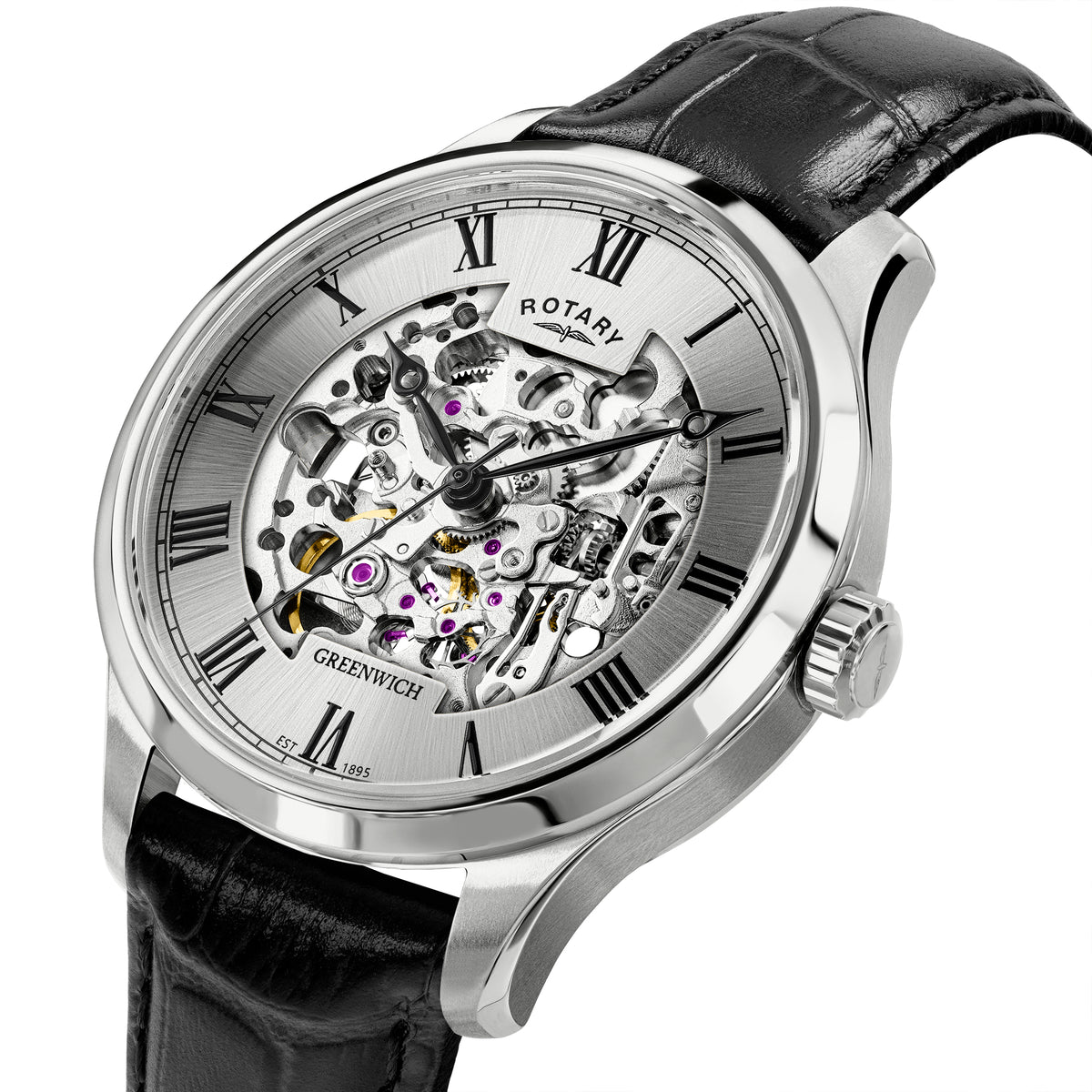 Rotary Greenwich 42mm Stainless Steel Black Leather Automatic Mens Watch
