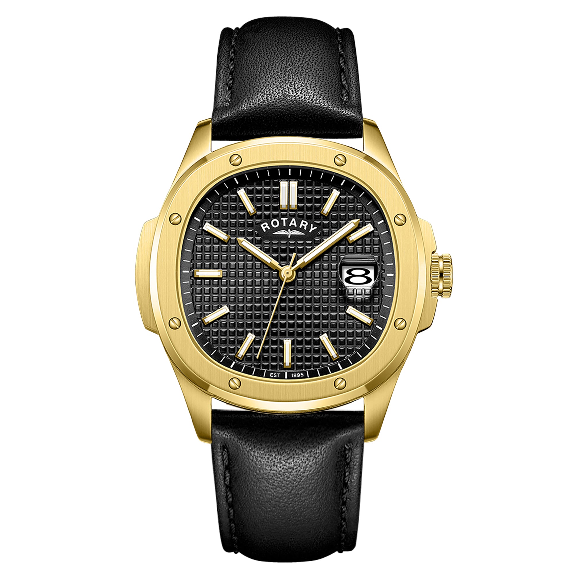Rotary Apex100 40mm Yellow Gold PVD Black Dial Black Leather Quartz Mens Watch